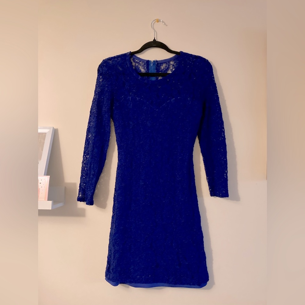 Vintage Beechers Brook Blue Lace Dress Long Sleeve Mini Dress Size 8 Retro